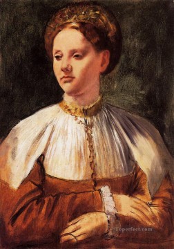 Edgar Degas Painting - Retrato de una mujer joven después de Bacchiacca 1859 Edgar Degas